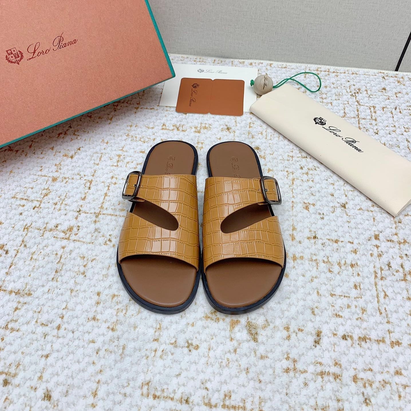 LP Men Sandals In Light Brown Snake Embossed Calfskin