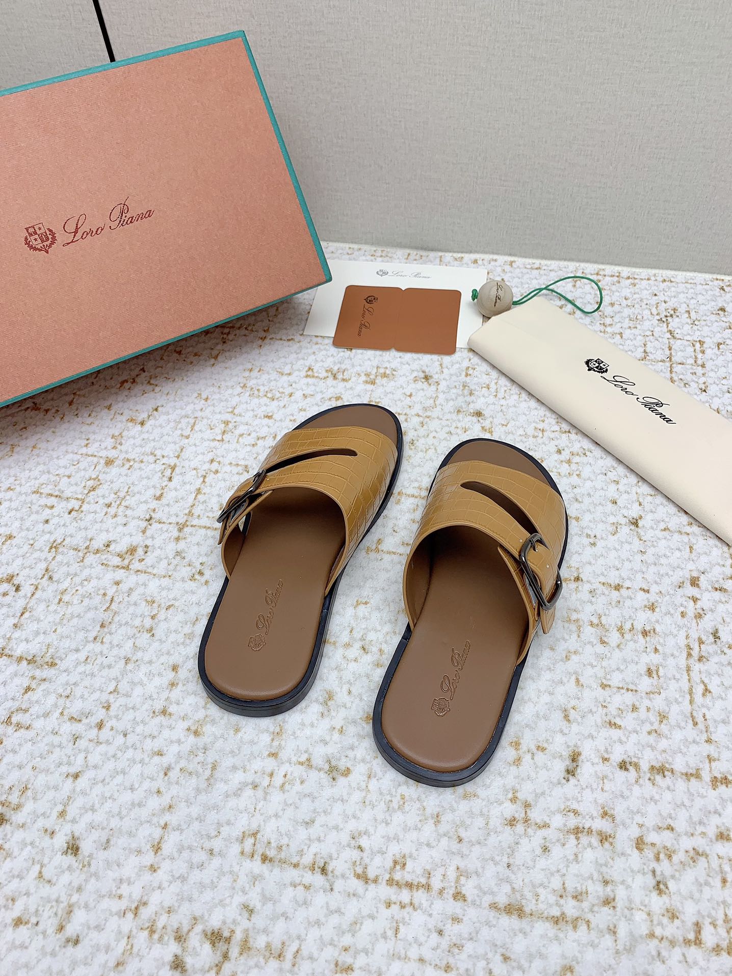 LP Men Sandals In Light Brown Snake Embossed Calfskin