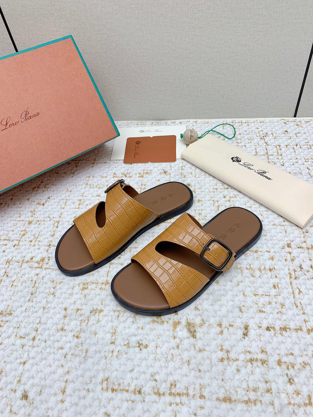 LP Men Sandals In Light Brown Snake Embossed Calfskin