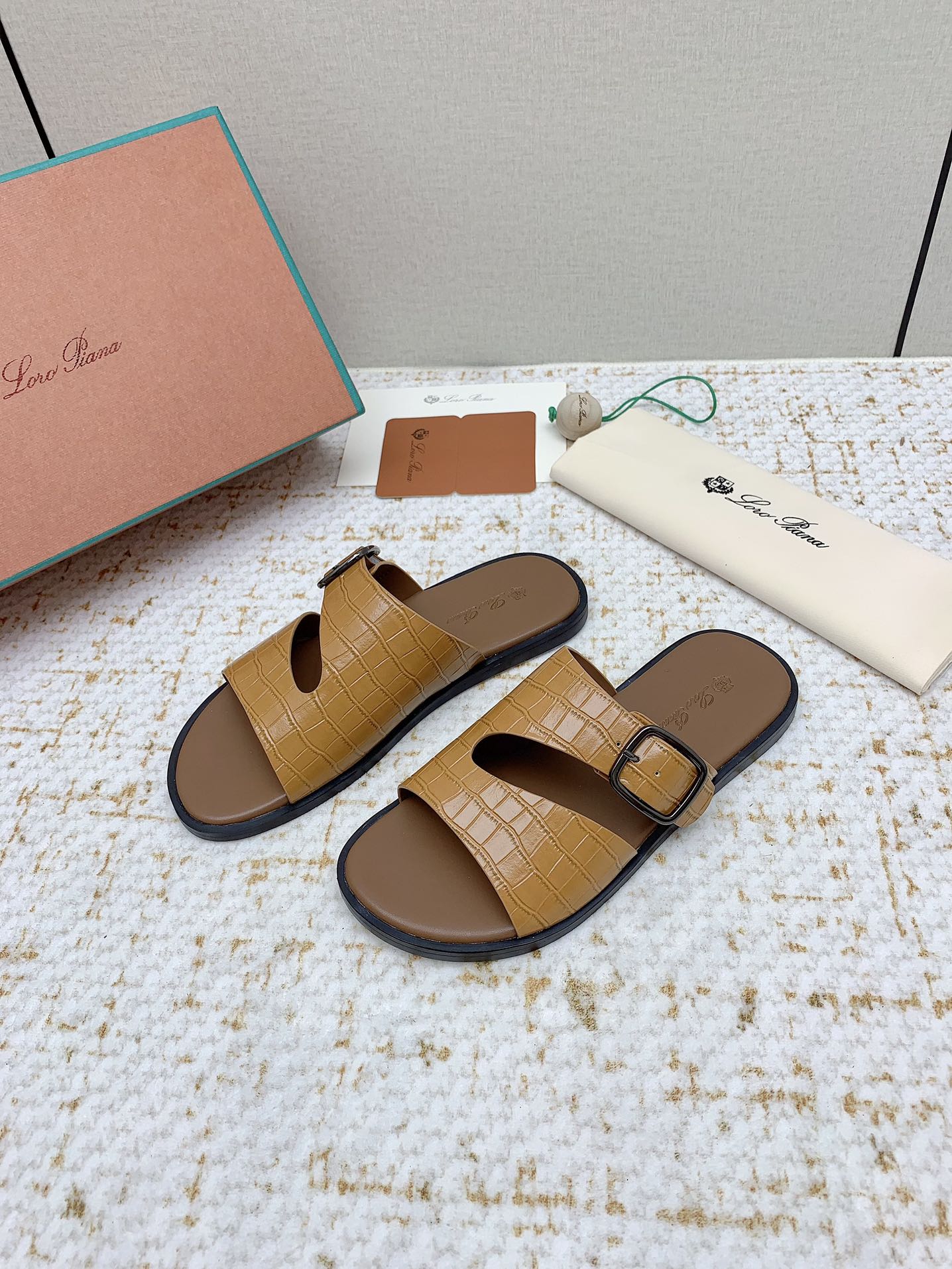 LP Men Sandals In Light Brown Snake Embossed Calfskin
