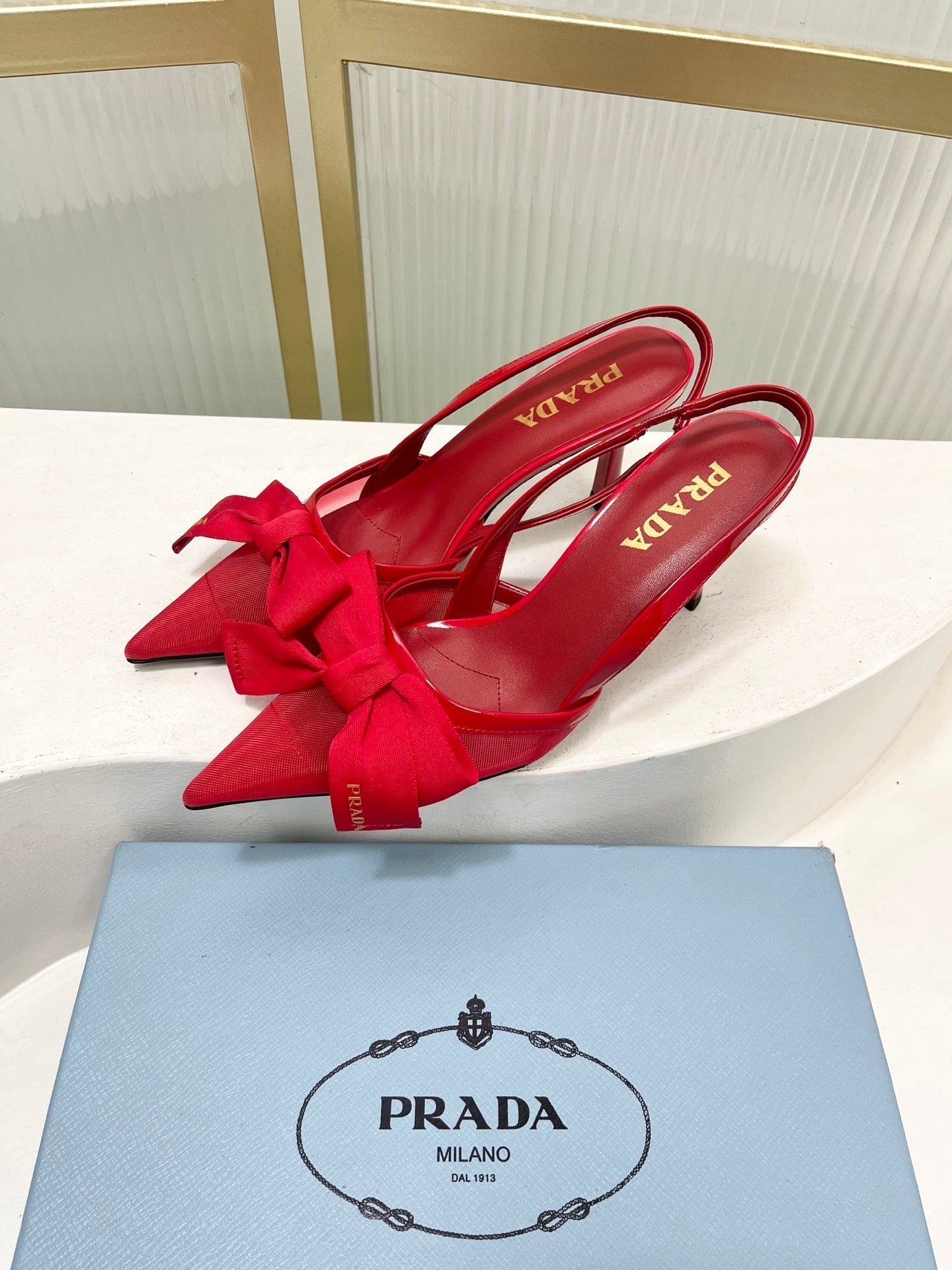 Prada Mesh Stiletto Sandals 7.5 Red Sheepskin 606006