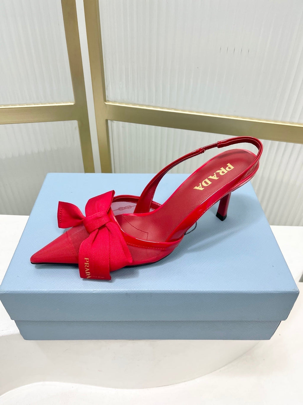 Prada Mesh Stiletto Sandals 7.5 Red Sheepskin 606006