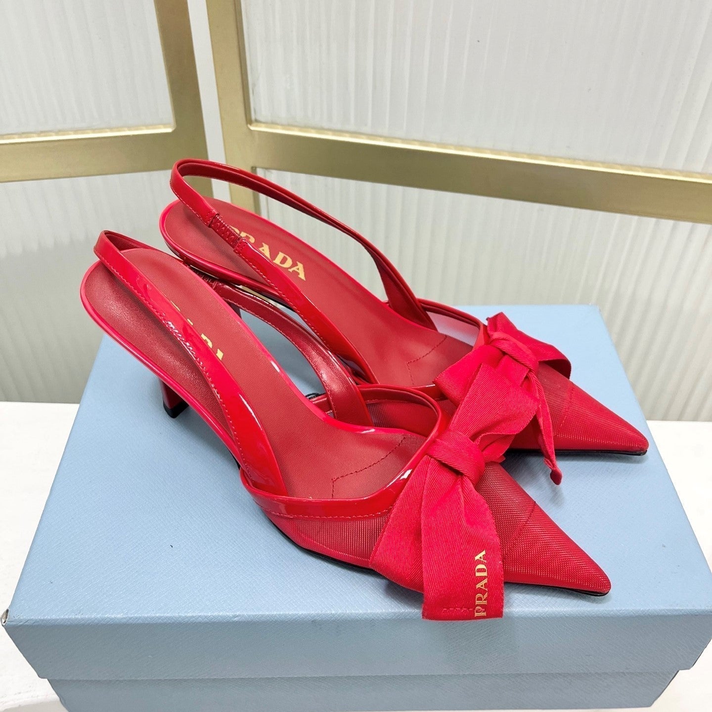 Prada Mesh Stiletto Sandals 7.5 Red Sheepskin 606006