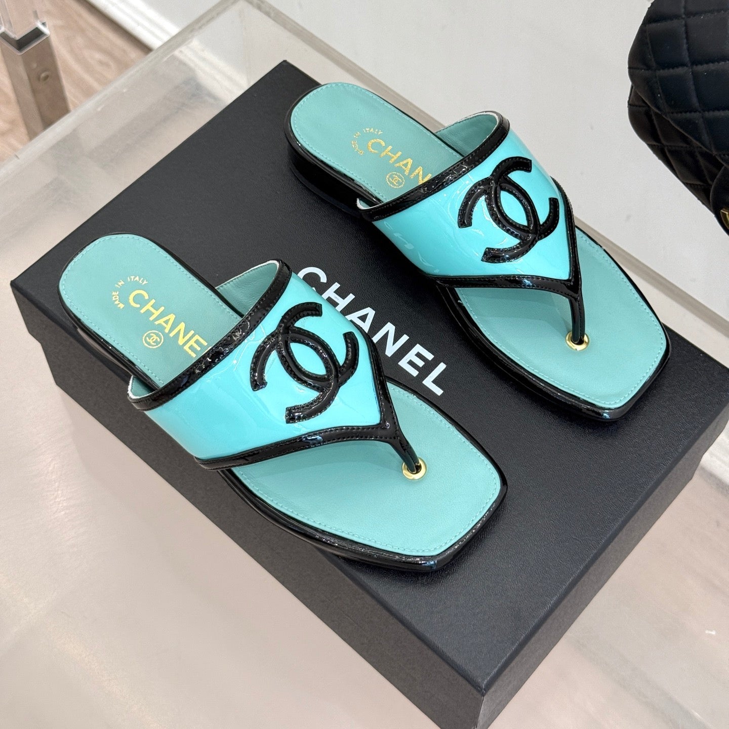 CC 26s Thong Sandal Black Light Blue Lambskin Patent Leather 917801