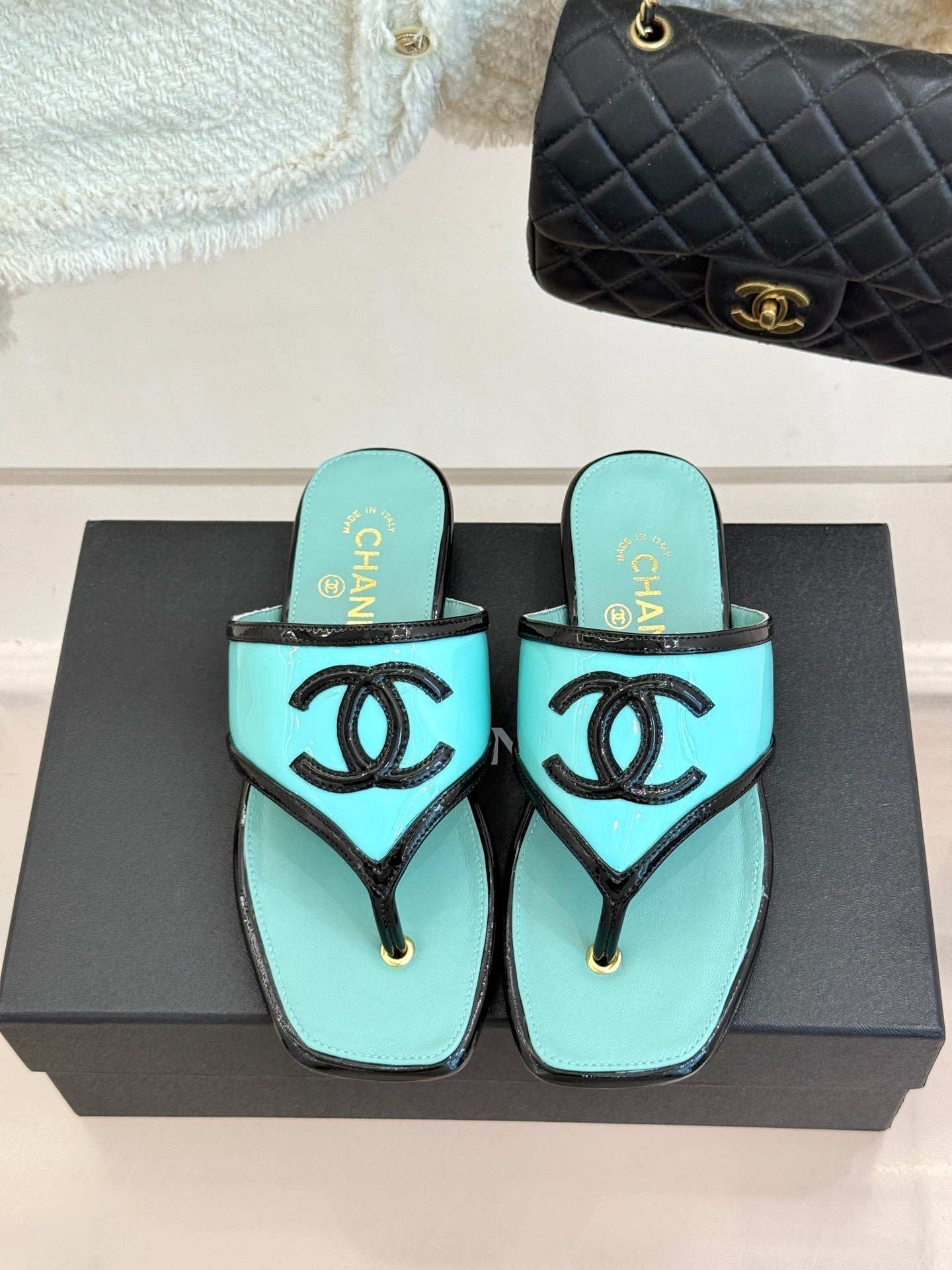 CC 26s Thong Sandal Black Light Blue Lambskin Patent Leather 917801