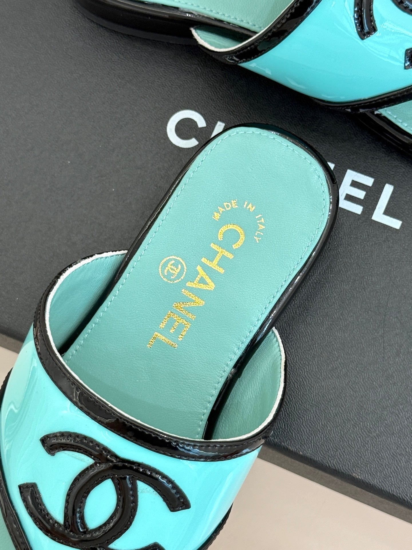 CC 26s Thong Sandal Black Light Blue Lambskin Patent Leather 917801