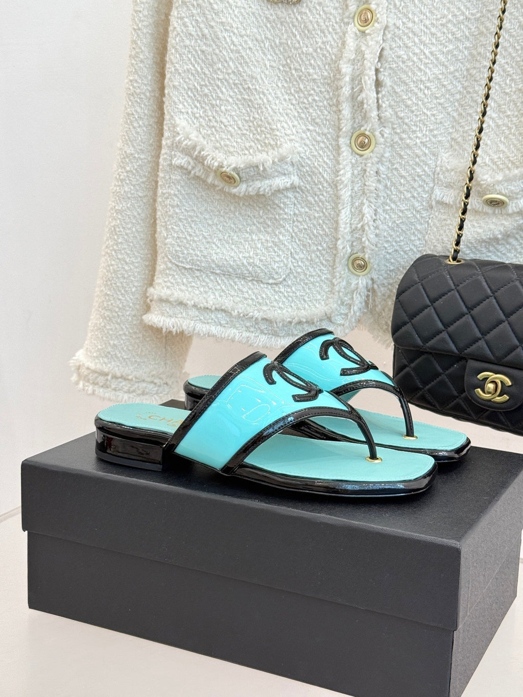 CC 26s Thong Sandal Black Light Blue Lambskin Patent Leather 917801