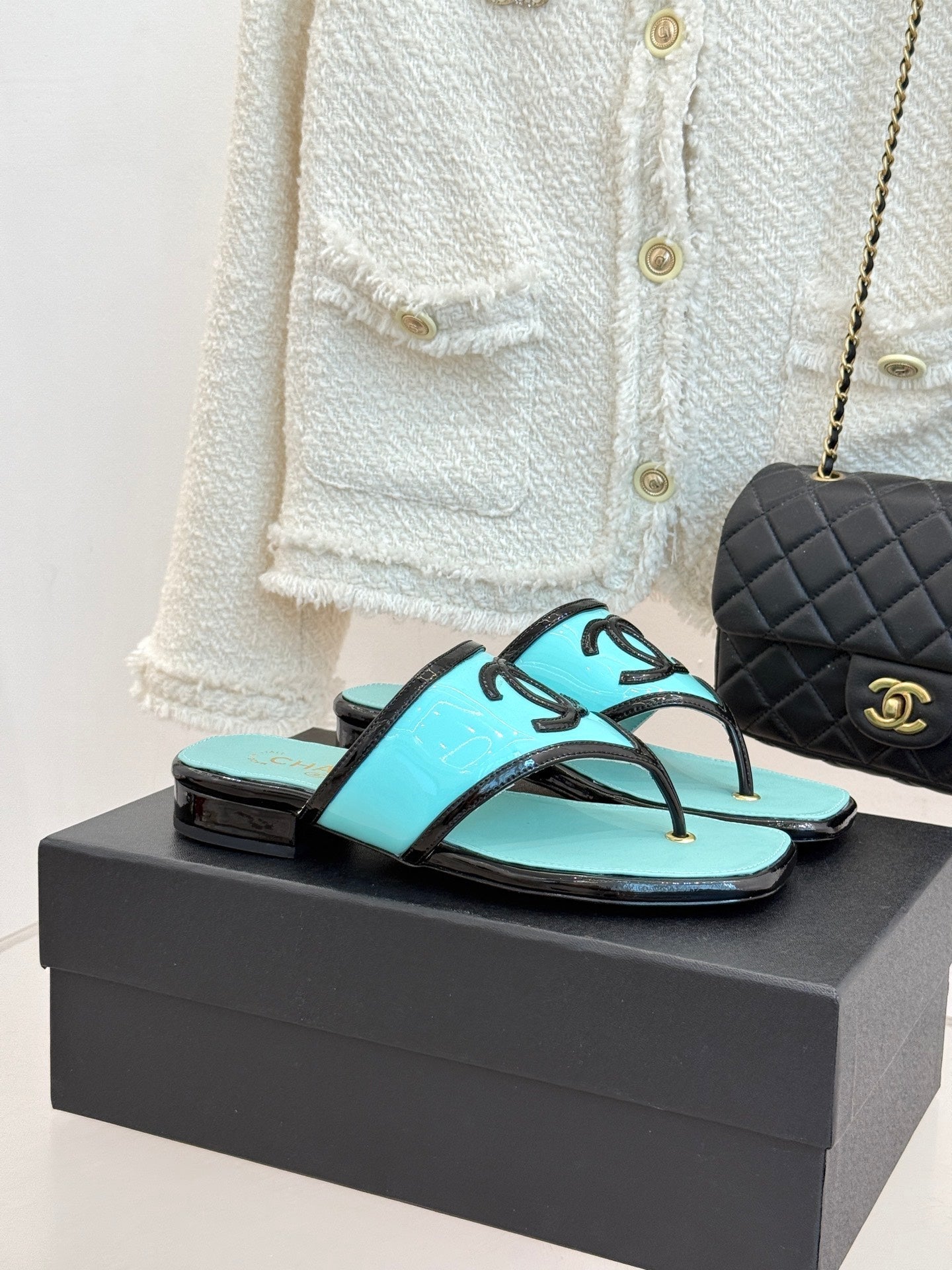 CC 26s Thong Sandal Black Light Blue Lambskin Patent Leather 917801