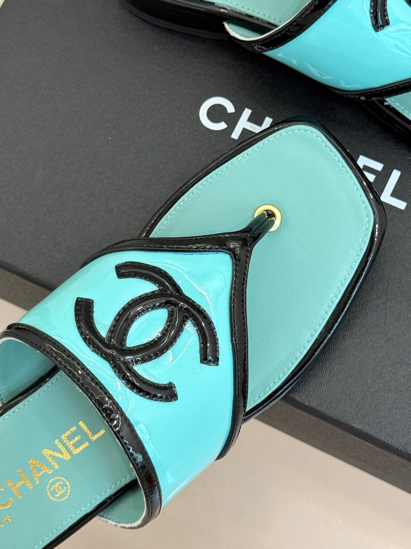 CC 26s Thong Sandal Black Light Blue Lambskin Patent Leather 917801