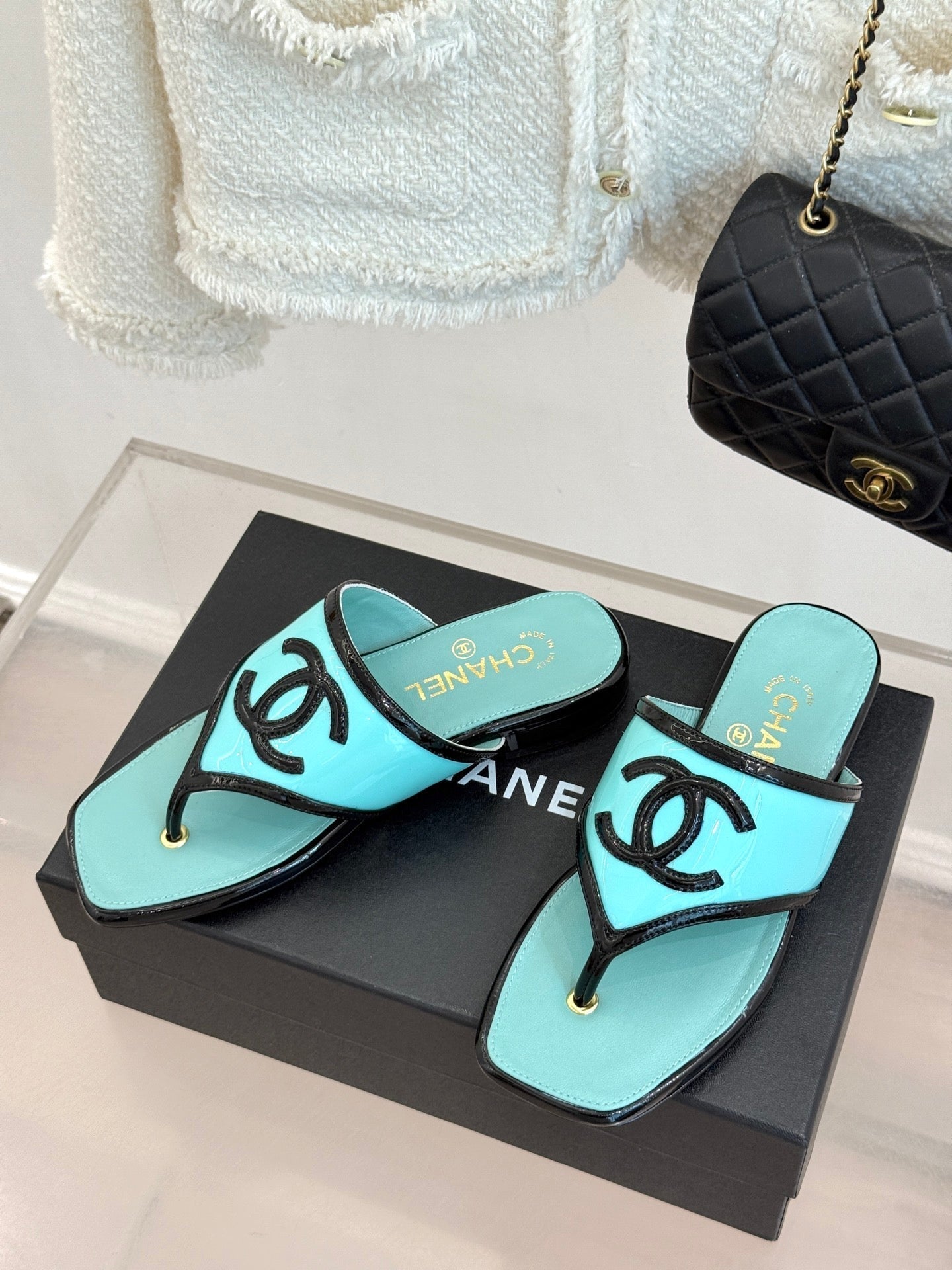 CC 26s Thong Sandal Black Light Blue Lambskin Patent Leather 917801