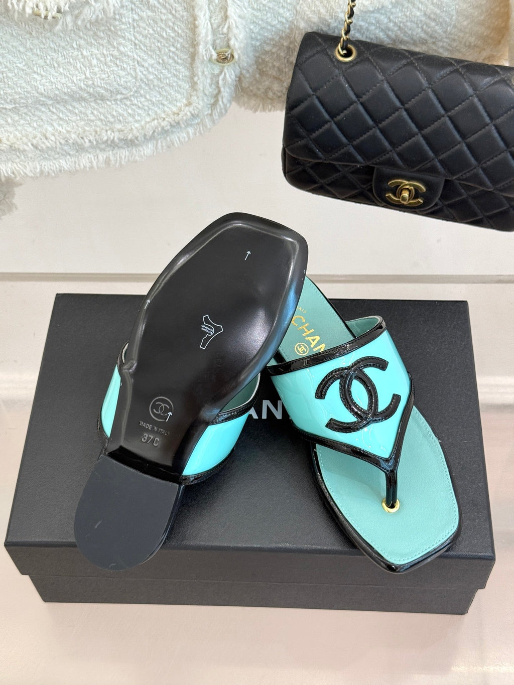 CC 26s Thong Sandal Black Light Blue Lambskin Patent Leather 917801