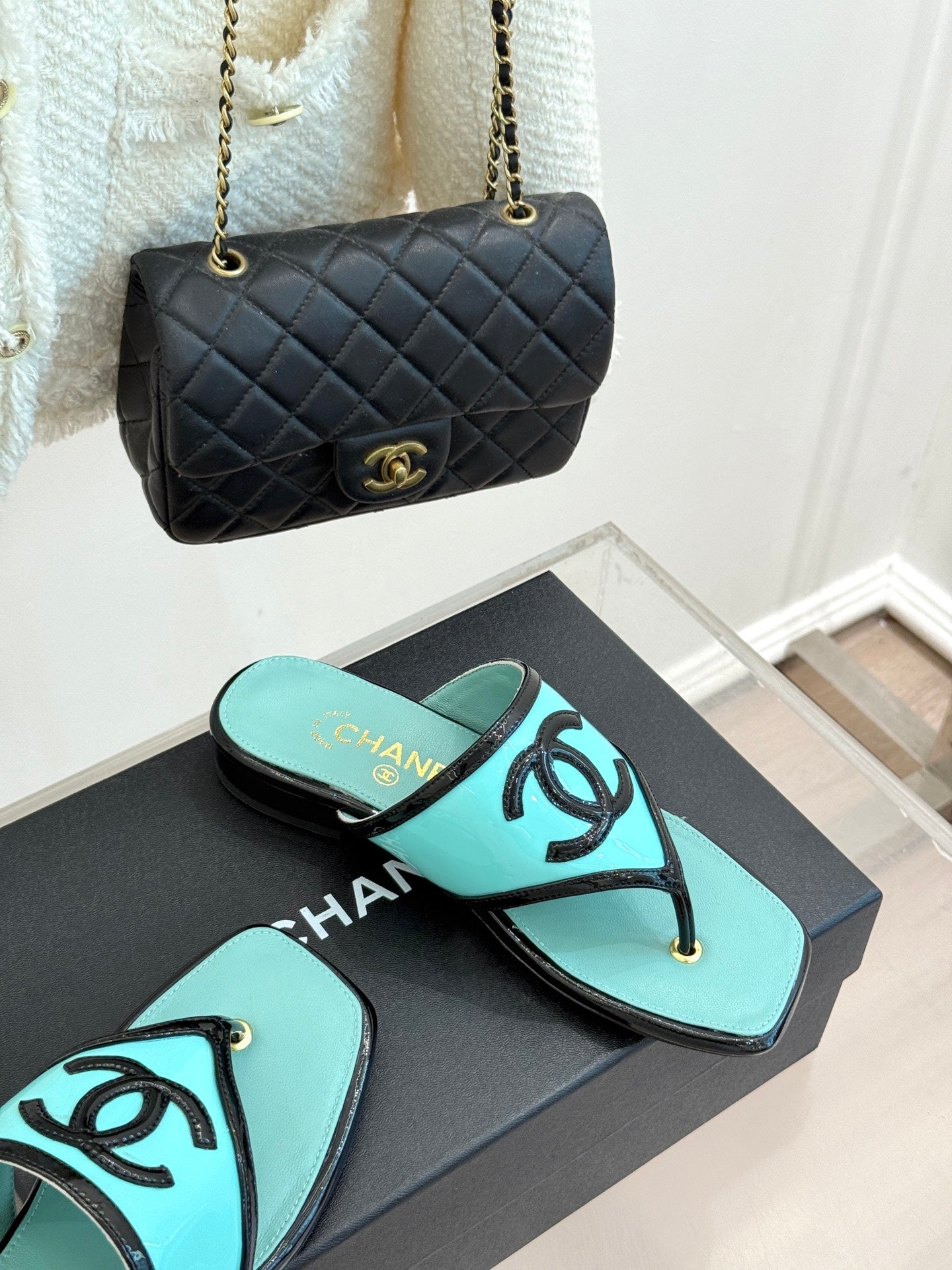 CC 26s Thong Sandal Black Light Blue Lambskin Patent Leather 917801