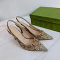 GG 26 Slingback Rhinestones Beige Brown Fabric 592425