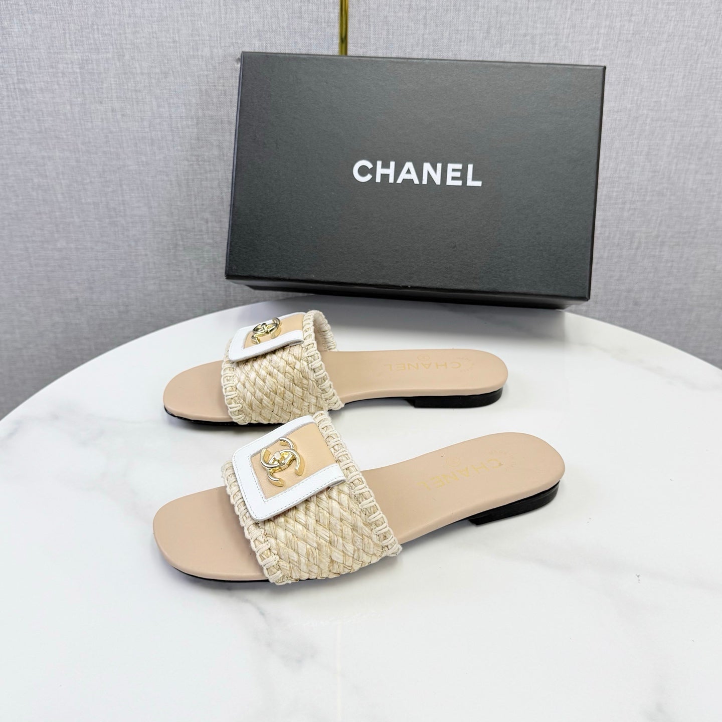 CC 26s Woven Strap Slides Beige Lambskin
