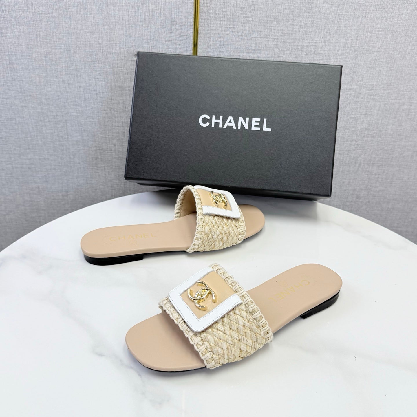 CC 26s Woven Strap Slides Beige Lambskin