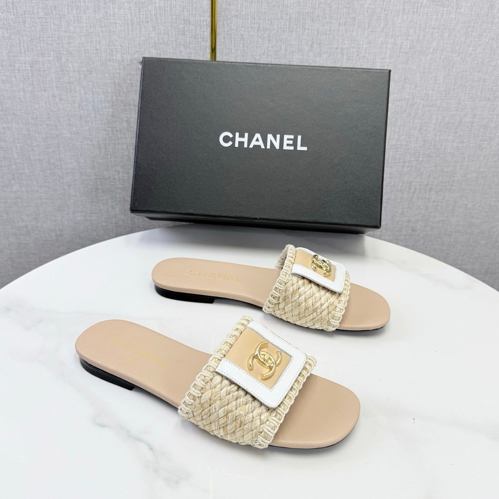 CC 26s Woven Strap Slides Beige Lambskin