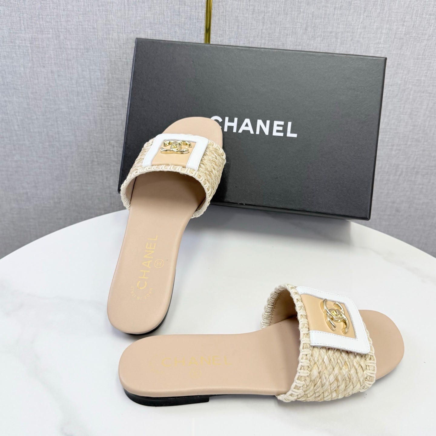 CC 26s Woven Strap Slides Beige Lambskin