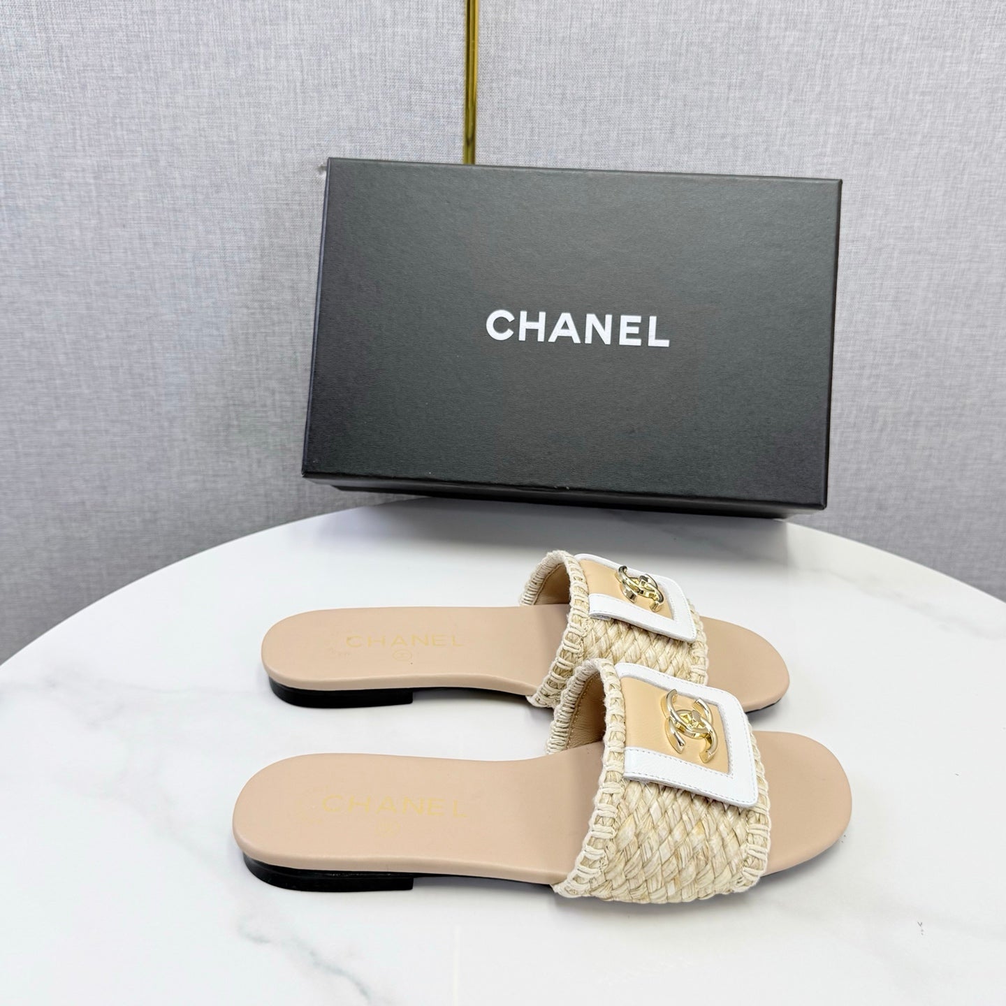 CC 26s Woven Strap Slides Beige Lambskin