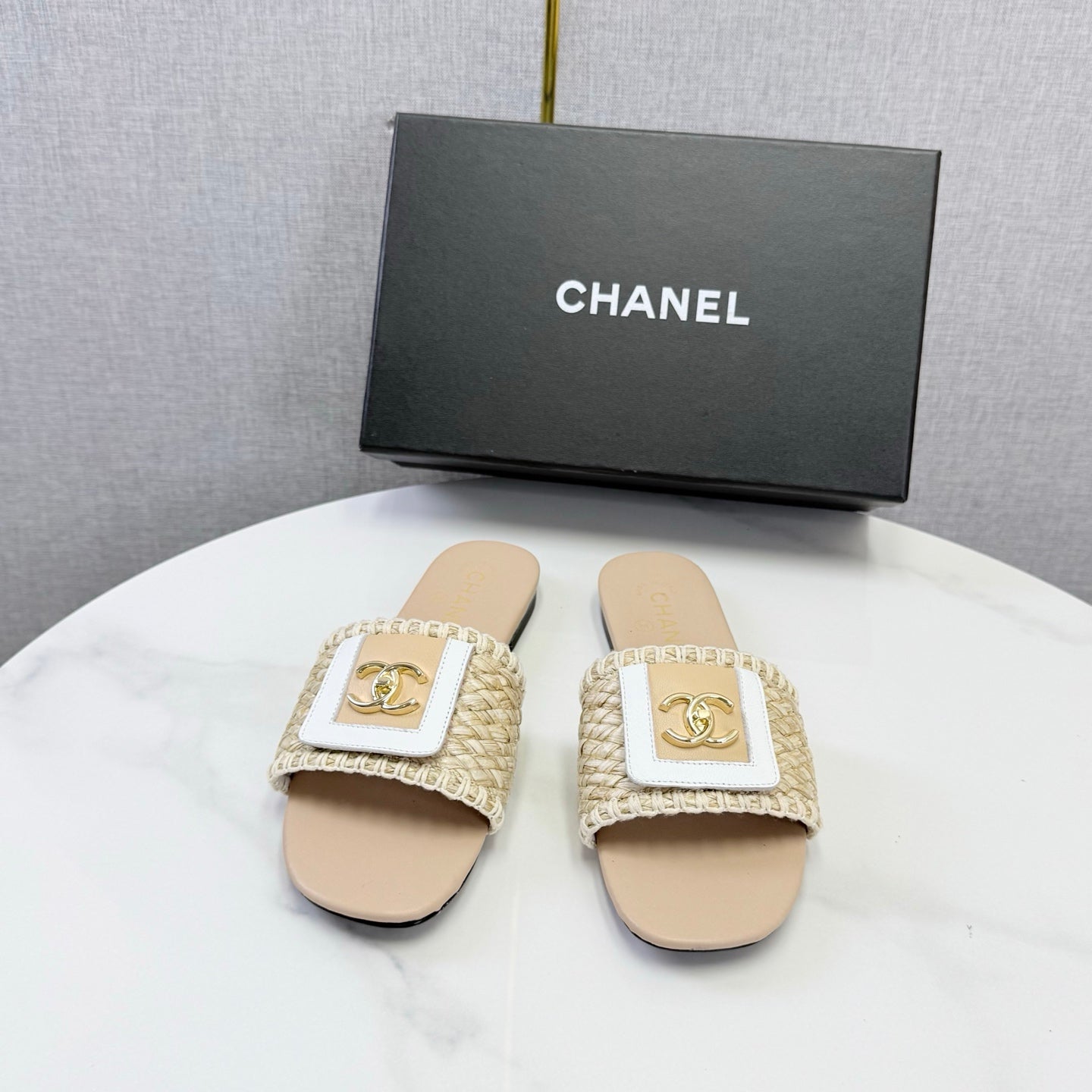 CC 26s Woven Strap Slides Beige Lambskin