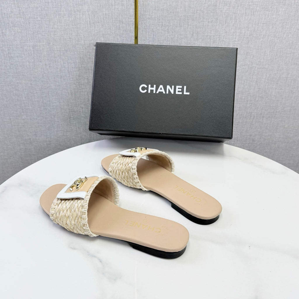 CC 26s Woven Strap Slides Beige Lambskin