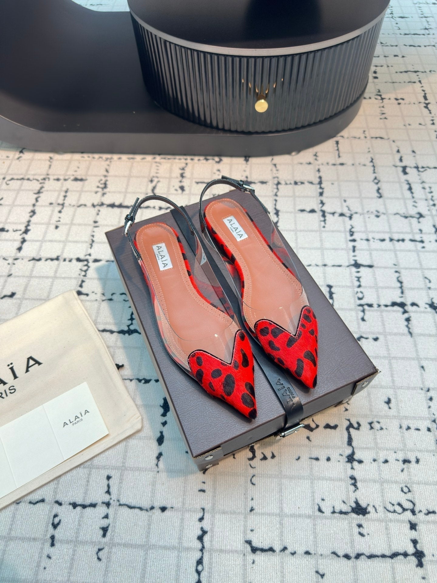 Alaia Heart Flat Slingbacks Red Leopard Sheepskin 800944