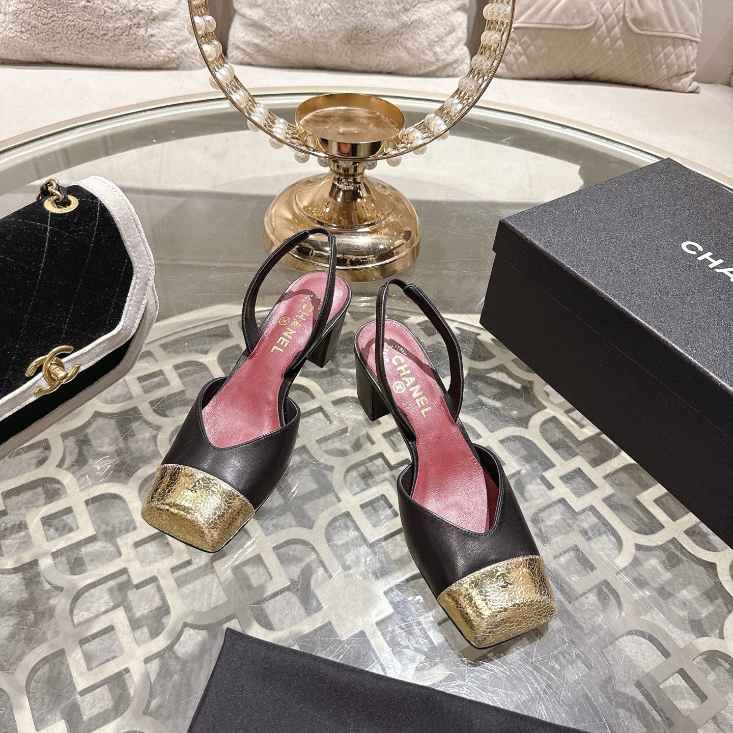 CC 26s Square-Toe High-Heeled Slingbacks 6cm Black Gold Leather 736103