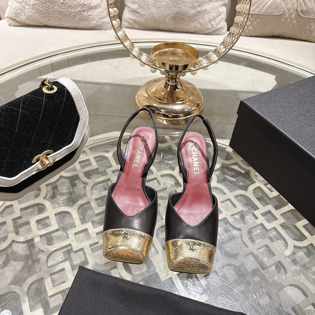 CC 26s Square-Toe High-Heeled Slingbacks 6cm Black Gold Leather 736103