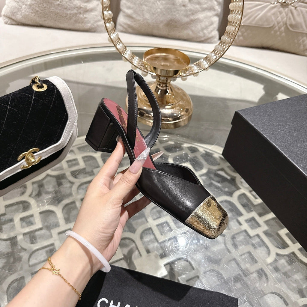 CC 26s Square-Toe High-Heeled Slingbacks 6cm Black Gold Leather 736103
