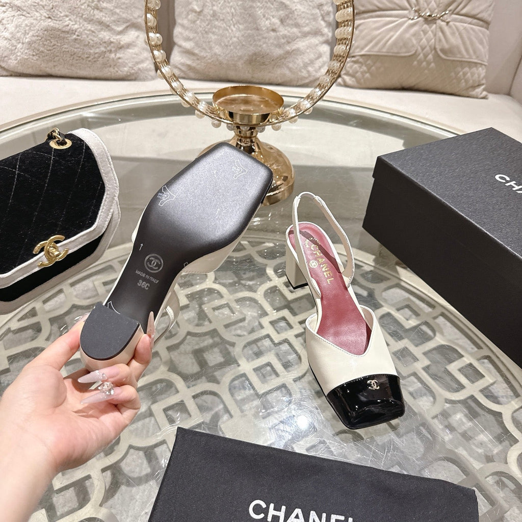CC 26s Square-Toe High-Heeled Slingbacks 6cm Black White Leather 736104