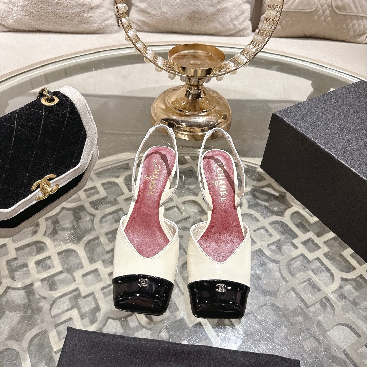 CC 26s Square-Toe High-Heeled Slingbacks 6cm Black White Leather 736104