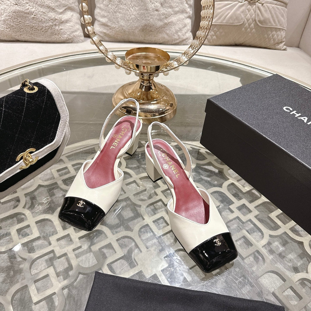CC 26s Square-Toe High-Heeled Slingbacks 6cm Black White Leather 736104