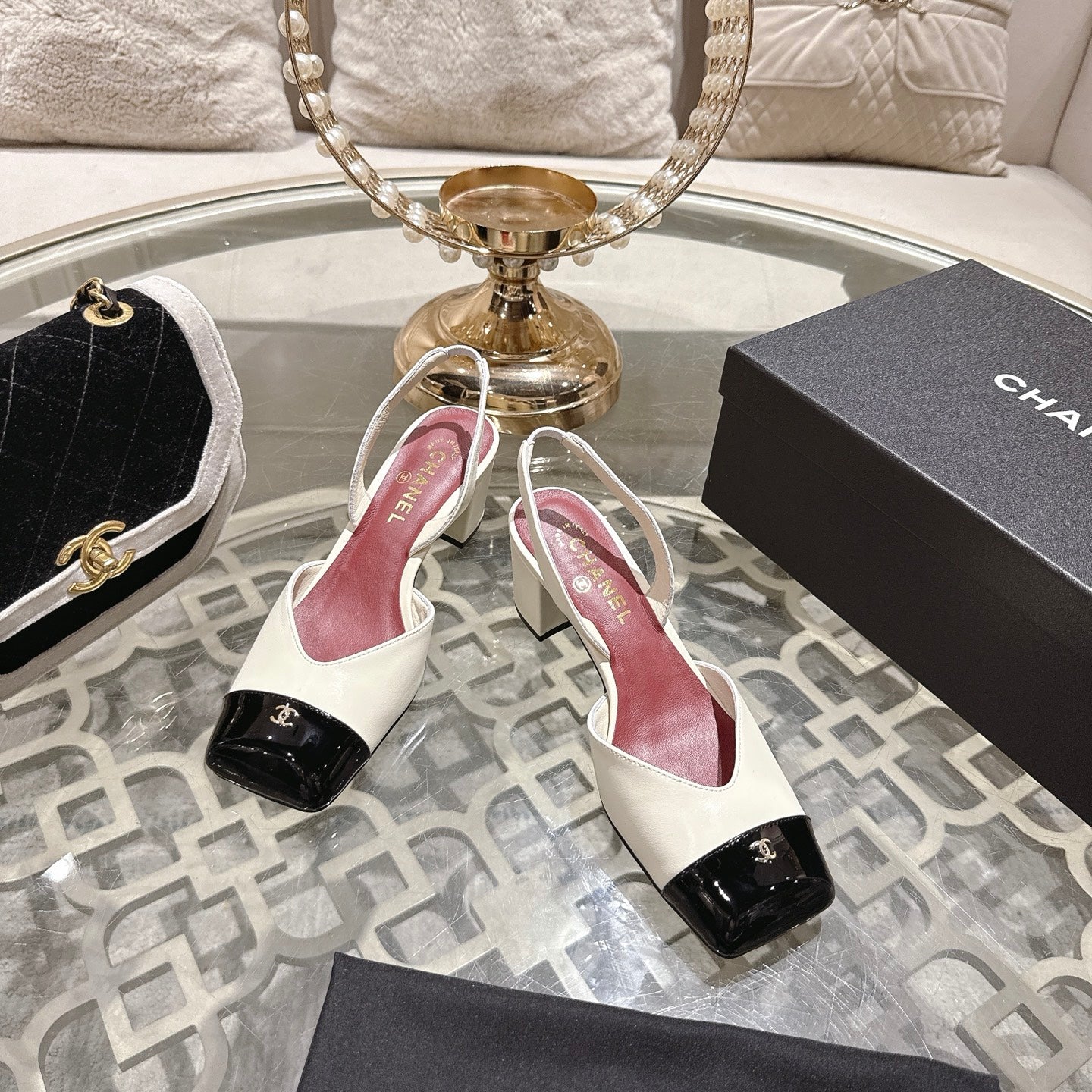 CC 26s Square-Toe High-Heeled Slingbacks 6cm Black White Leather 736104