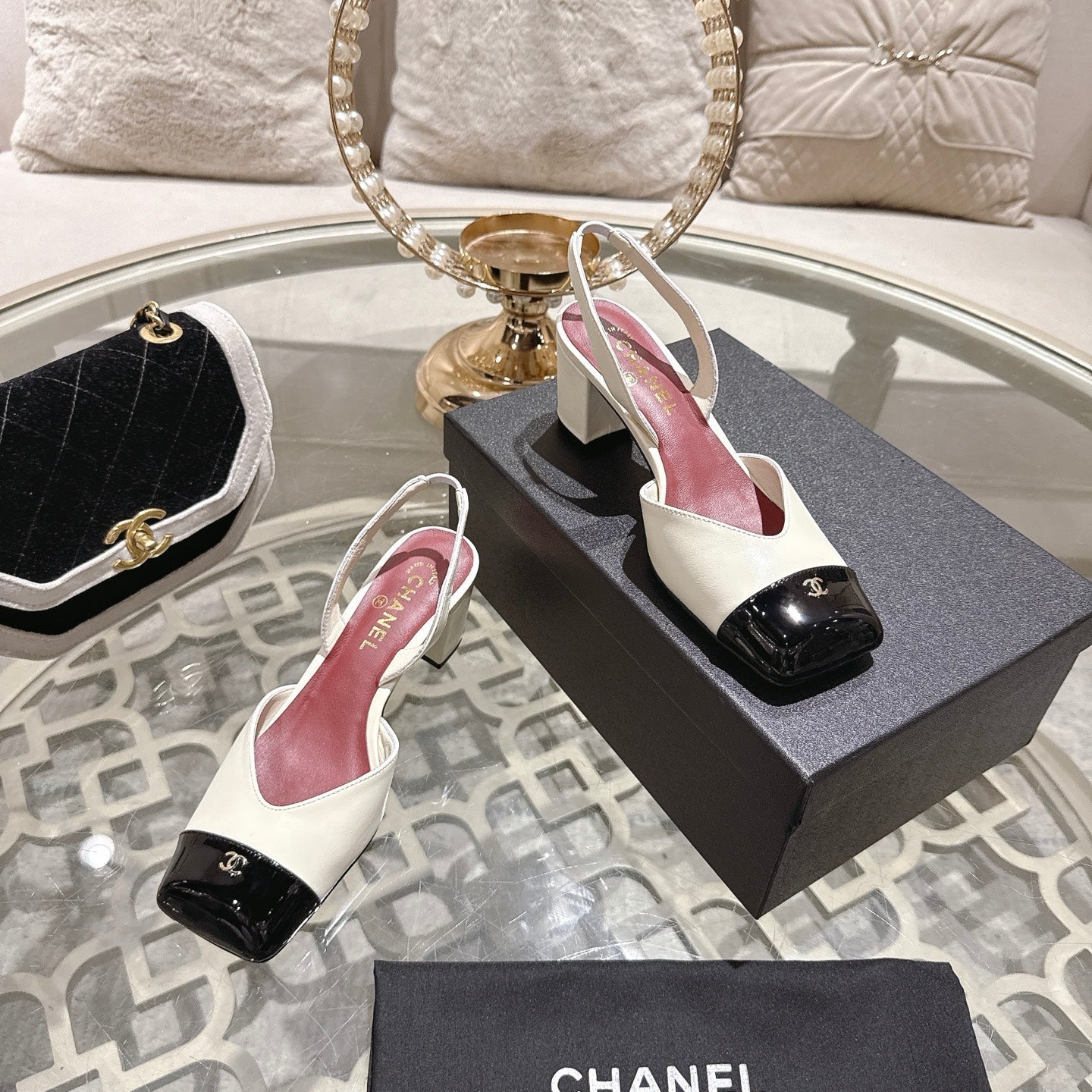 CC 26s Square-Toe High-Heeled Slingbacks 6cm Black White Leather 736104