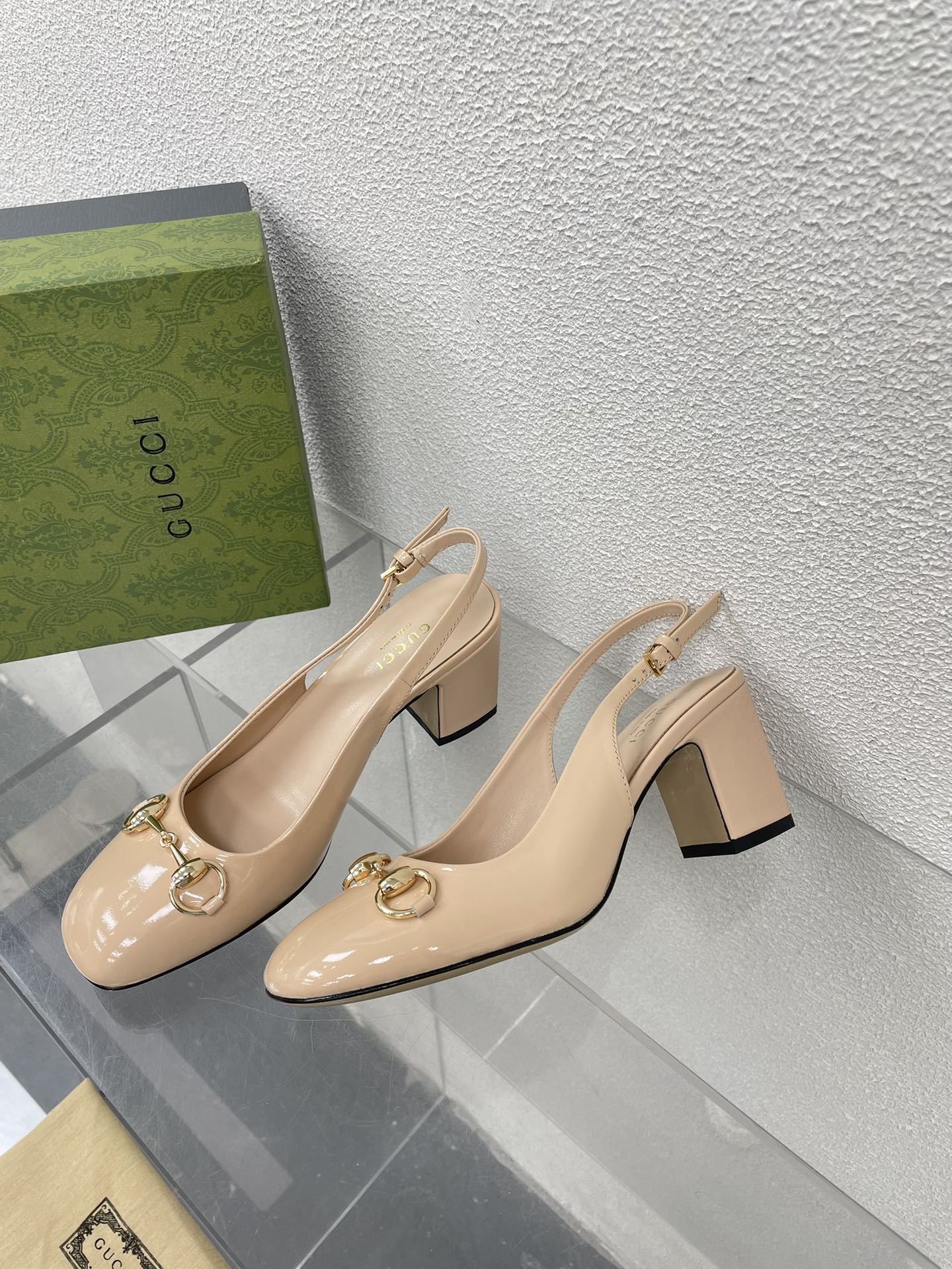 GG WOMEN'S HORSEBIT SLINGBACK 65MM IN TAN BEIGE CALFSKIN