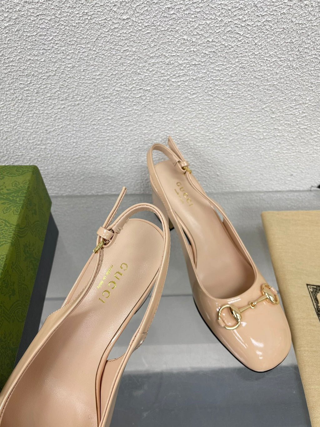 GG WOMEN'S HORSEBIT SLINGBACK 65MM IN TAN BEIGE CALFSKIN