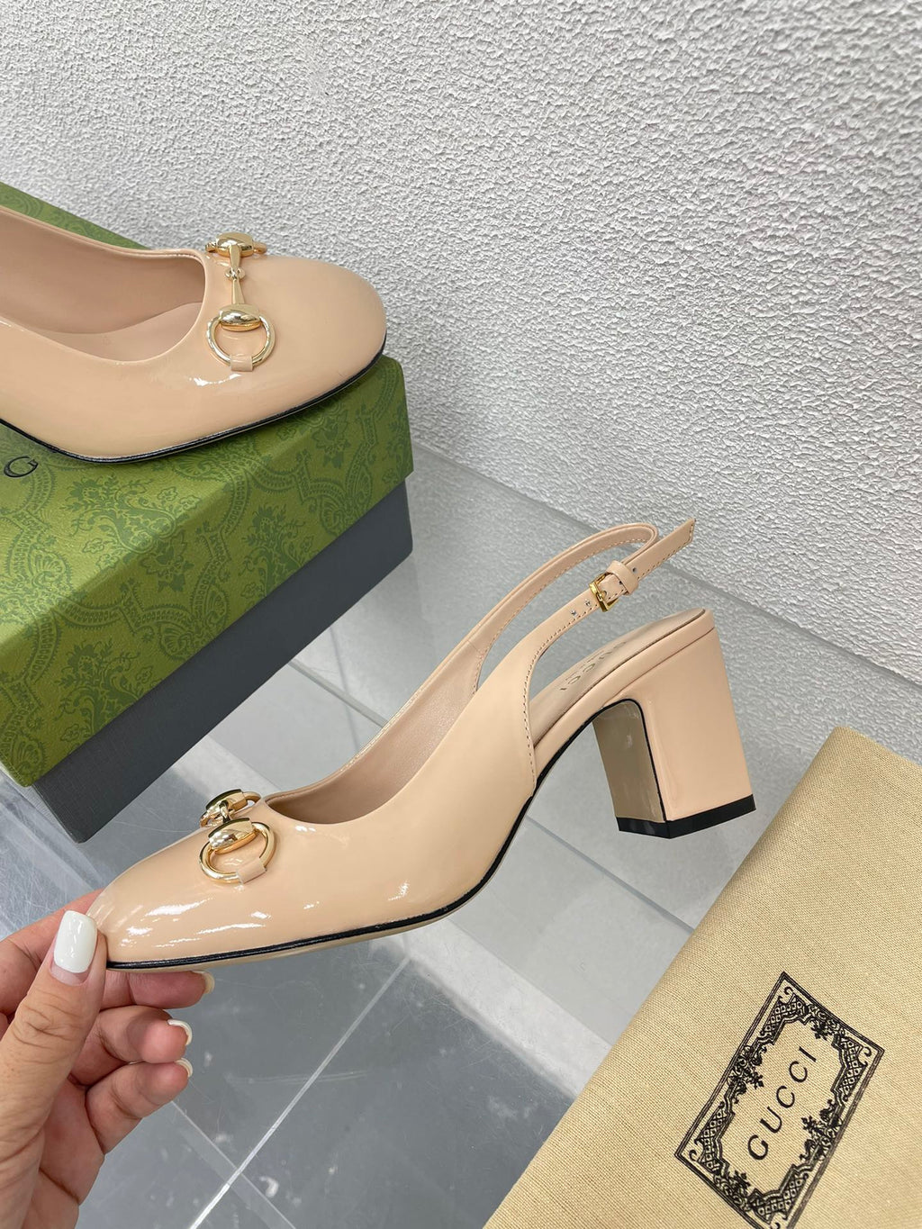 GG WOMEN'S HORSEBIT SLINGBACK 65MM IN TAN BEIGE CALFSKIN