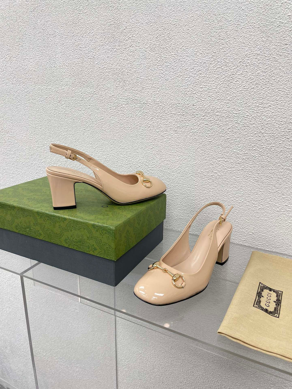 GG WOMEN'S HORSEBIT SLINGBACK 65MM IN TAN BEIGE CALFSKIN