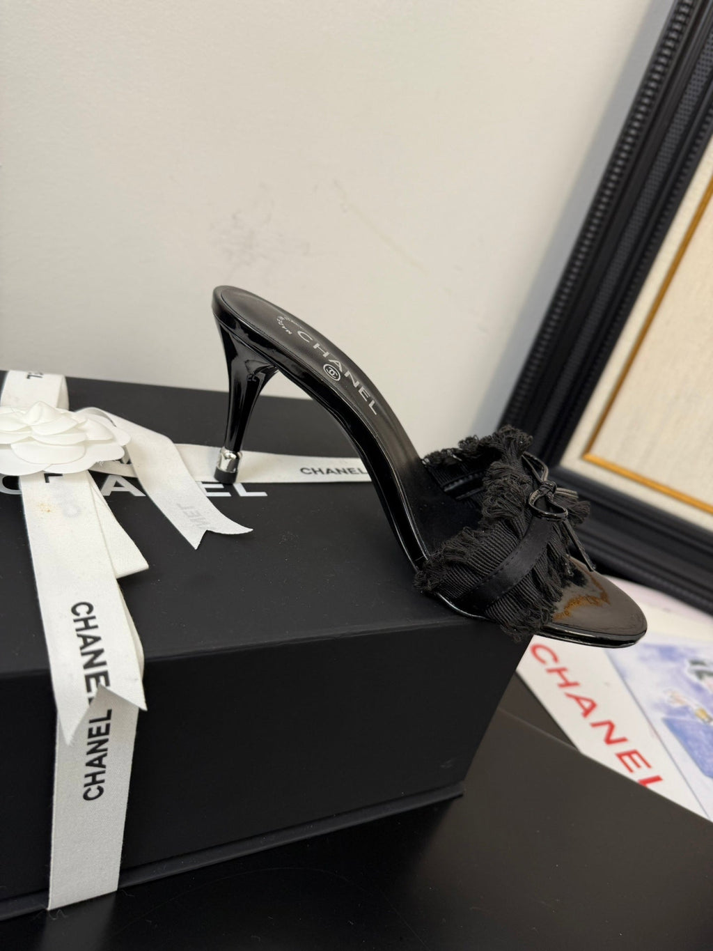 cc25 slide sandal 90mm ruffle bow heels black grosgrain canvas 233588