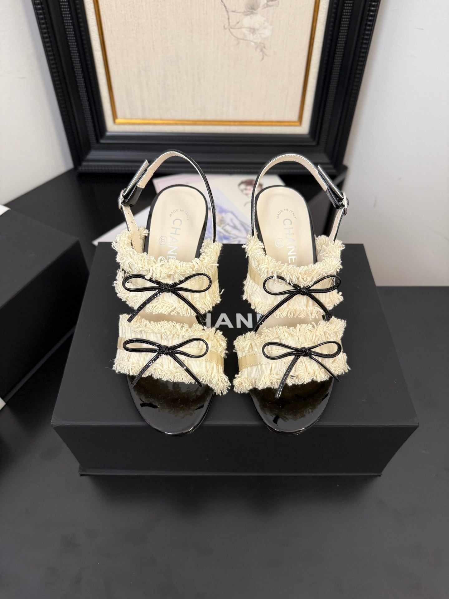 cc25 slingback sandal ̣90mm bow black grosgrain white canvas 233593