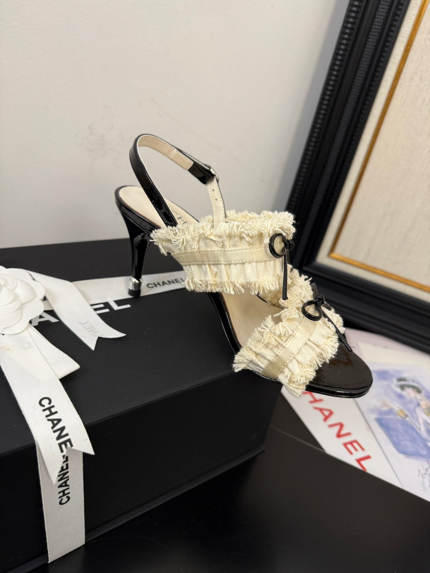 cc25 slingback sandal ̣90mm bow black grosgrain white canvas 233593