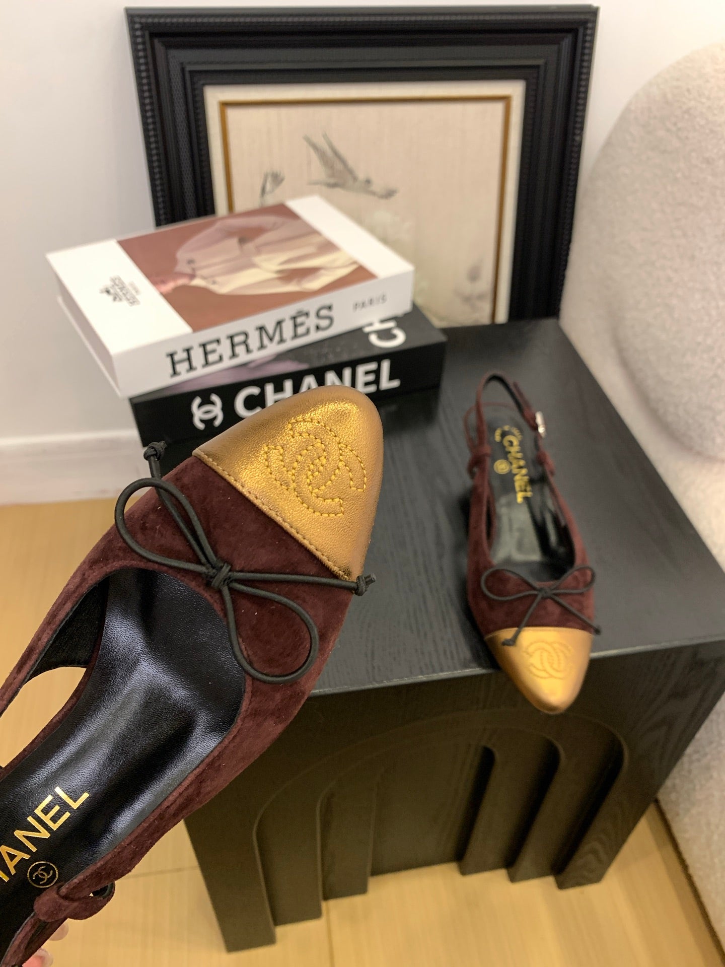 CC 25 Slingbacks 45 Bow With Burgundy Suede Mix Gold Sheepskin 277675