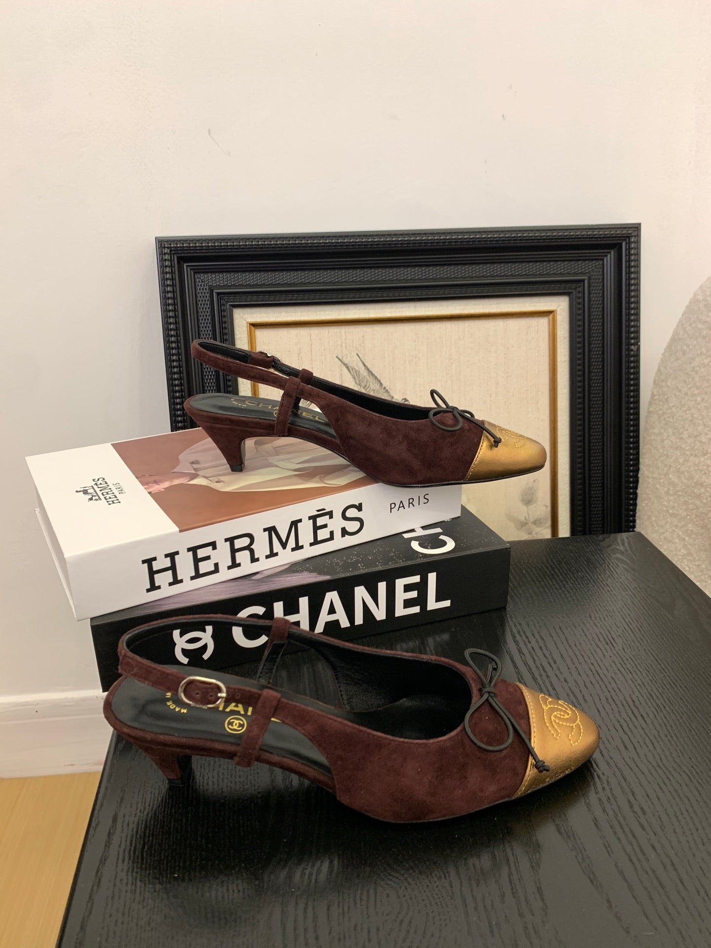 CC 25 Slingbacks 45 Bow With Burgundy Suede Mix Gold Sheepskin 277675