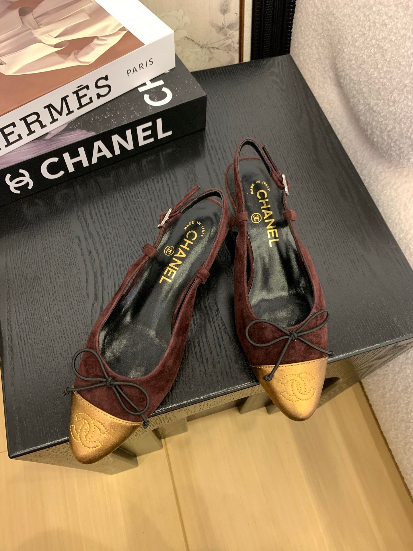 CC 25 Slingbacks 45 Bow With Burgundy Suede Mix Gold Sheepskin 277675