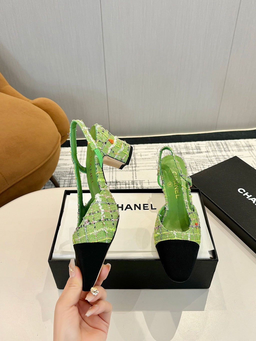 cc 25c slingback 65 green tweed black grosgrain 233615
