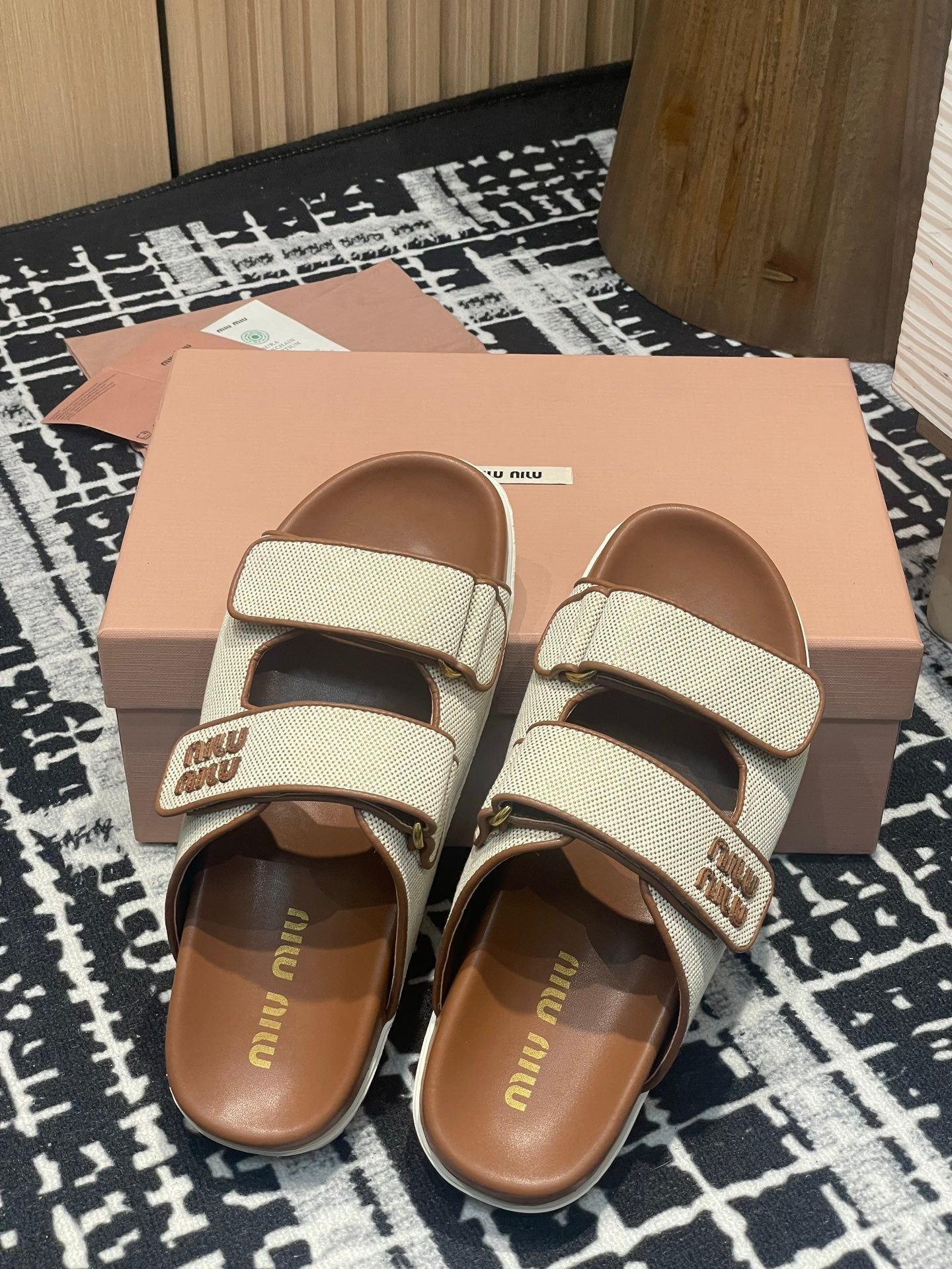 Miu 25S Beige and Brandy Canvas slides 227136