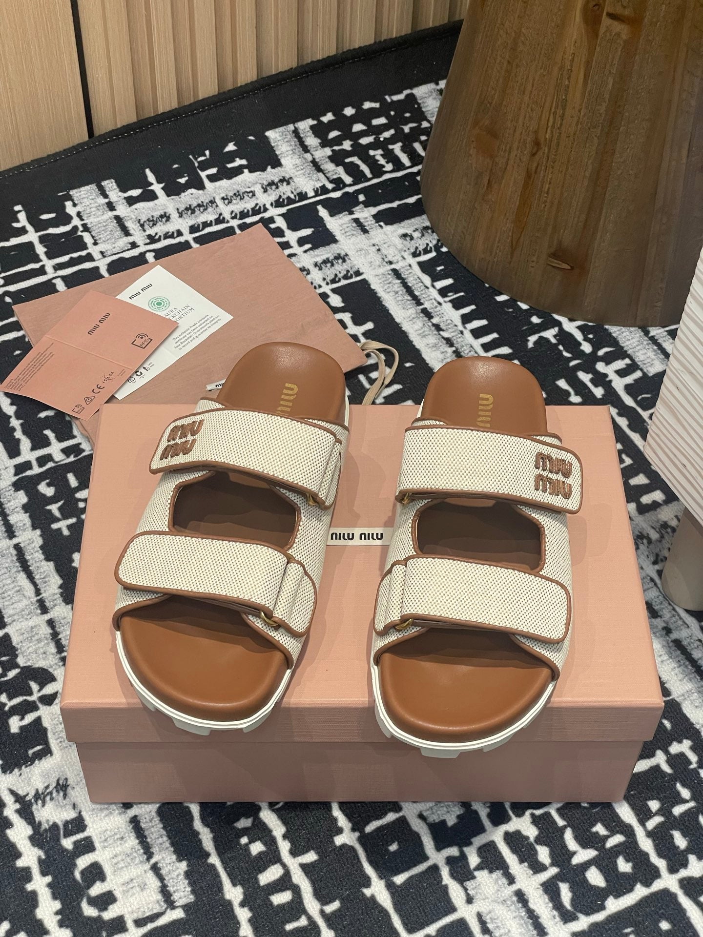 Miu 25S Beige and Brandy Canvas slides 227136