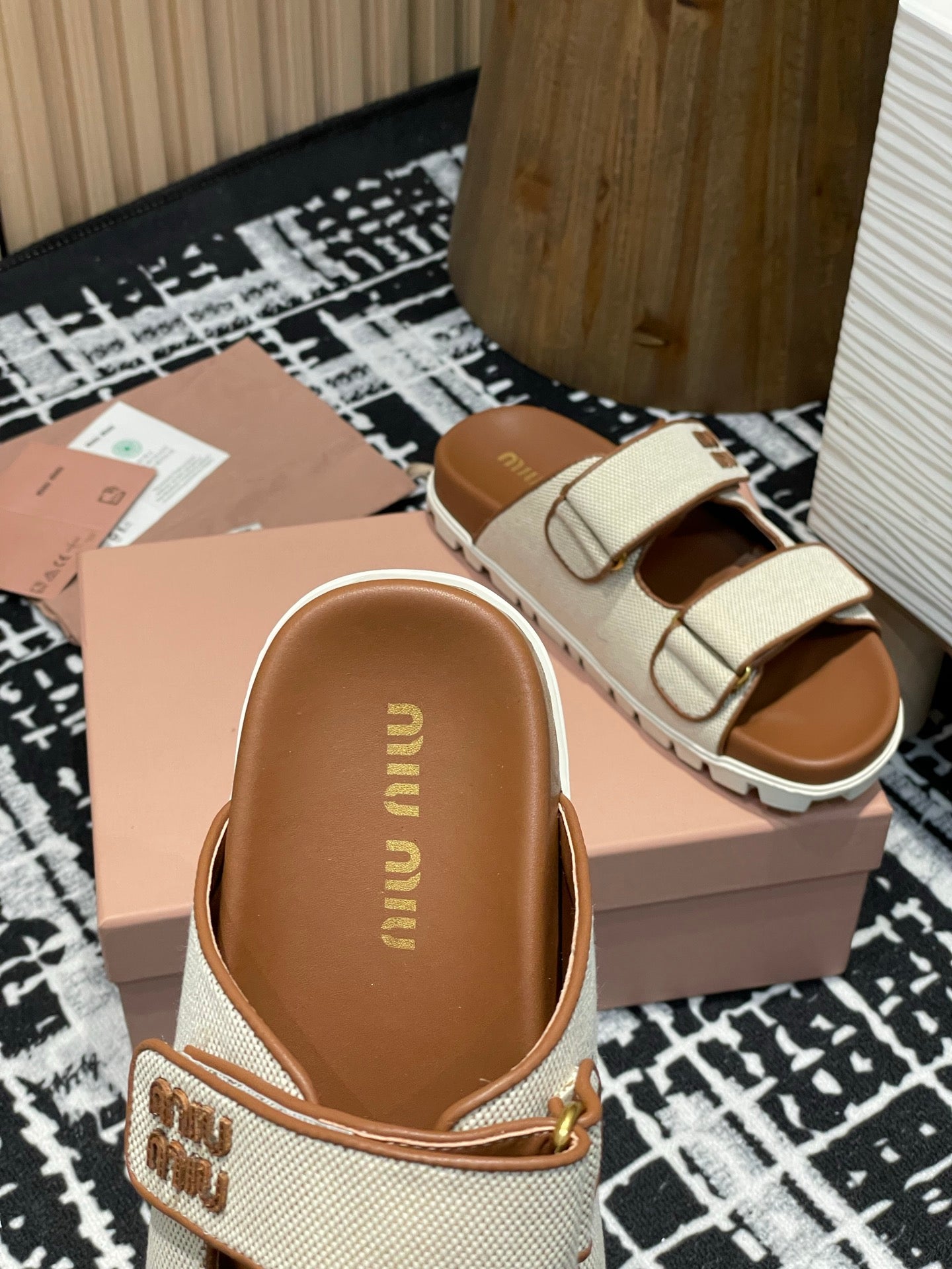 Miu 25S Beige and Brandy Canvas slides 227136