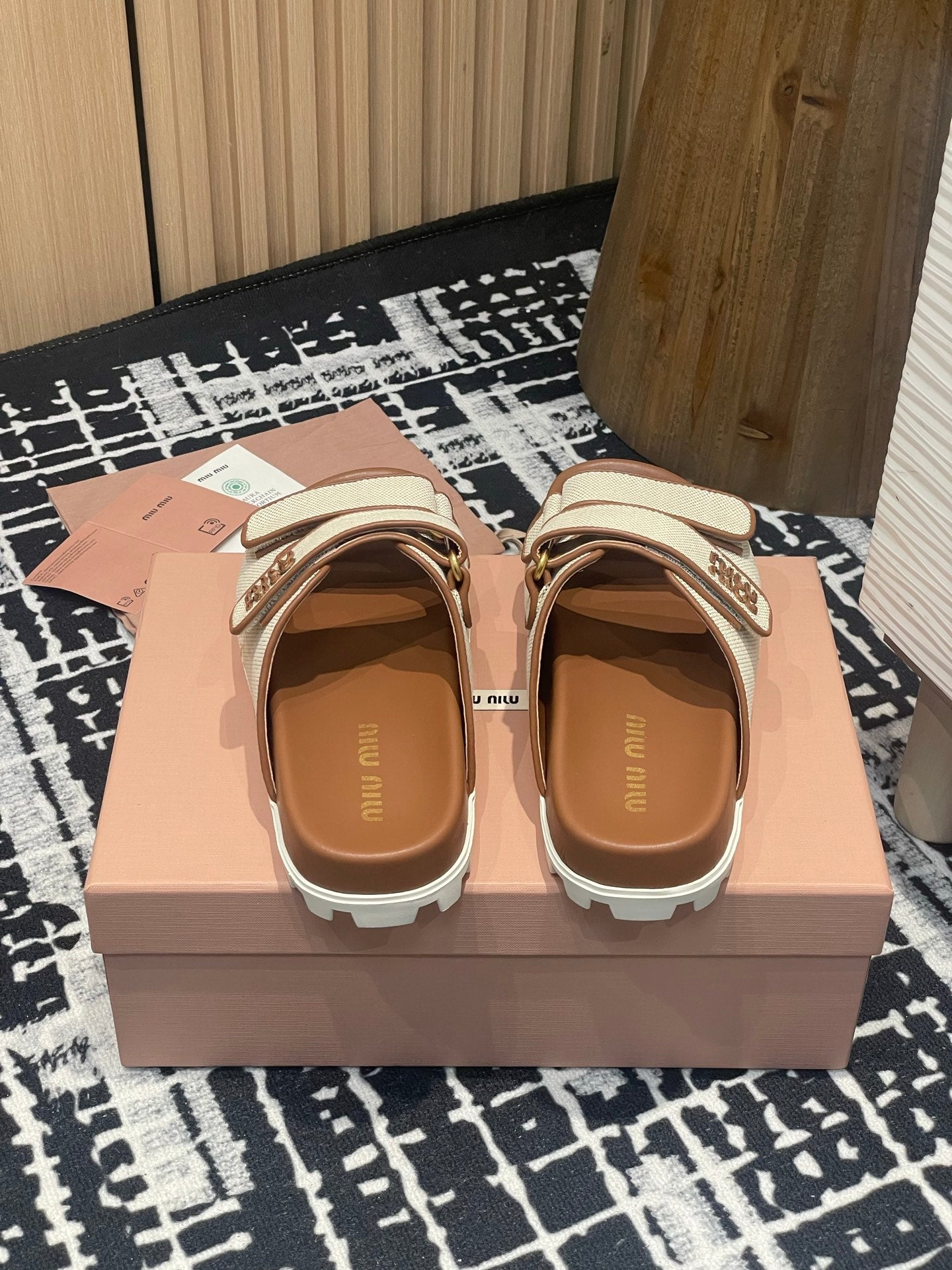Miu 25S Beige and Brandy Canvas slides 227136