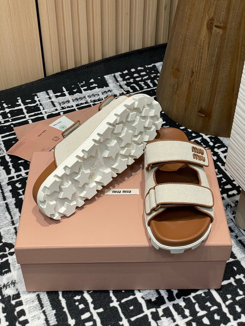 Miu 25S Beige and Brandy Canvas slides 227136