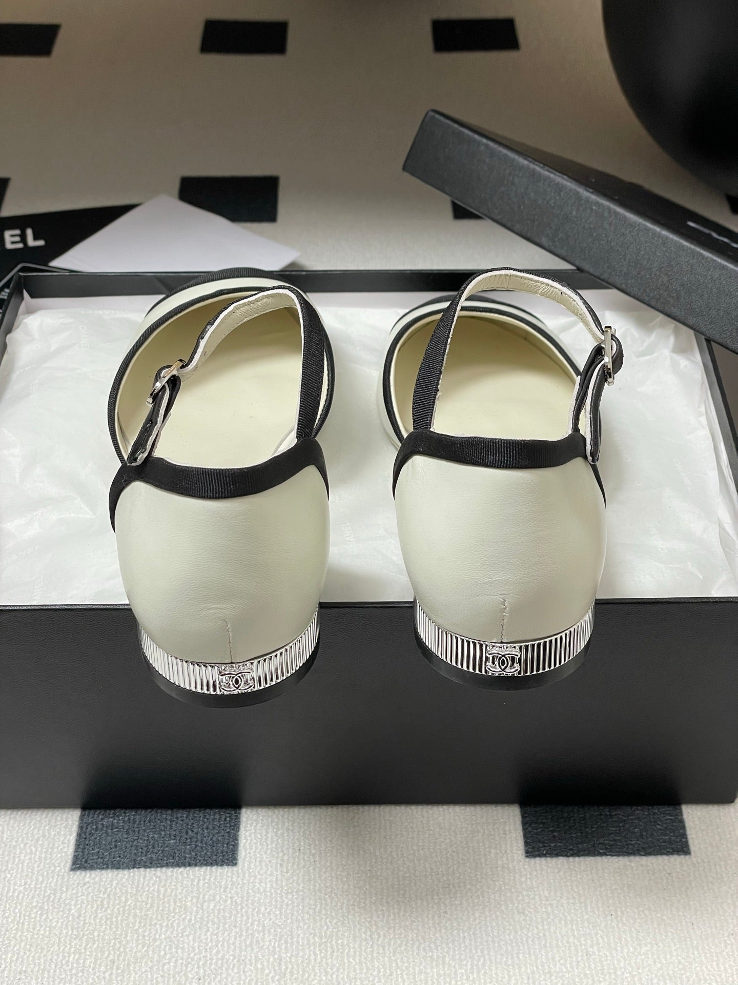 CC 25P Small Hollow Mary Jane White Sheepskin Black Grosgrain 247726
